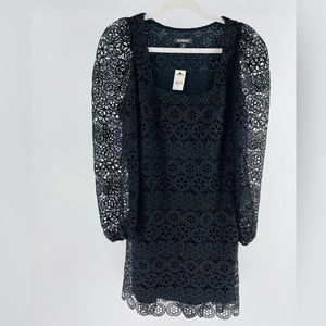 Express Crochet Overlay Square Neck Puff Shoulder Little Black Dress, NWT